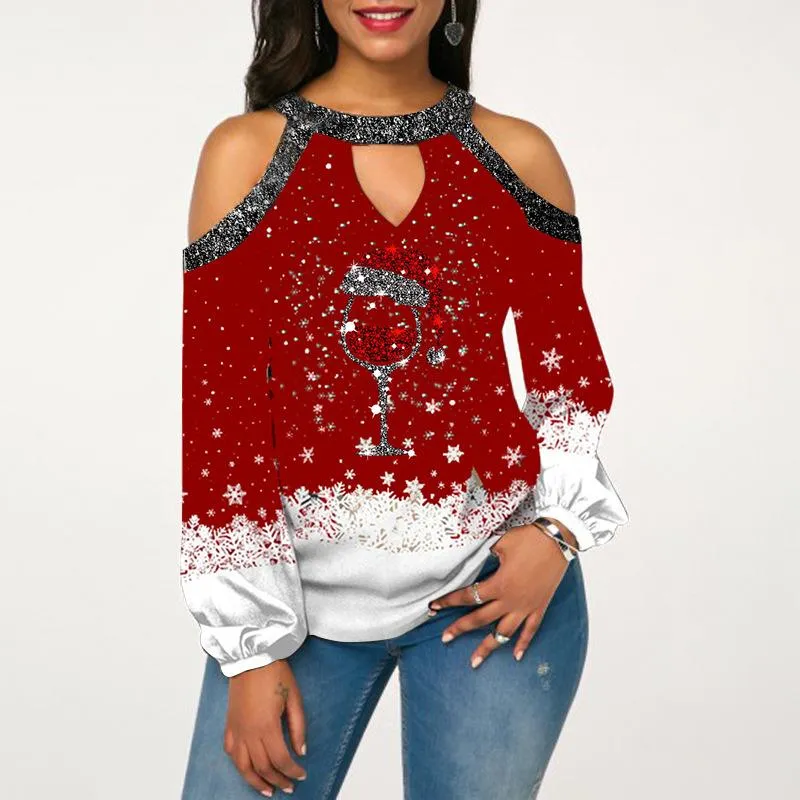 Christmas hanging neck button long sleeve hollow lantern sleeve women's T-shirt