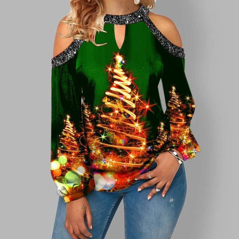 Christmas hanging neck button long sleeve hollow lantern sleeve women's T-shirt