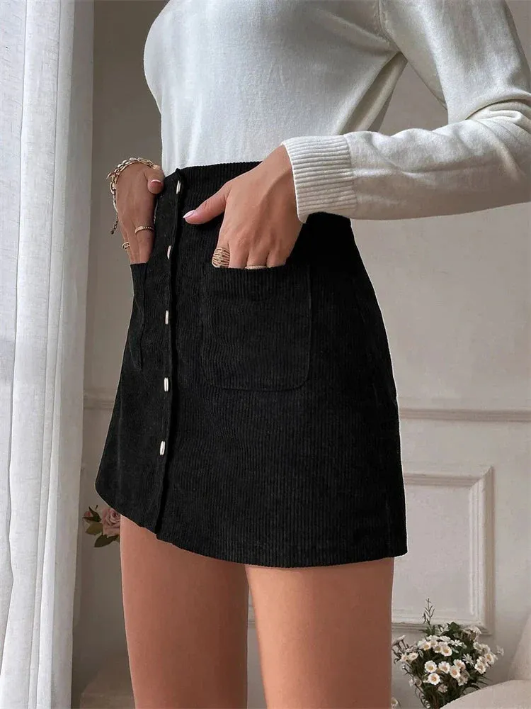 Corduroy Button Flare Skater Short Skirt