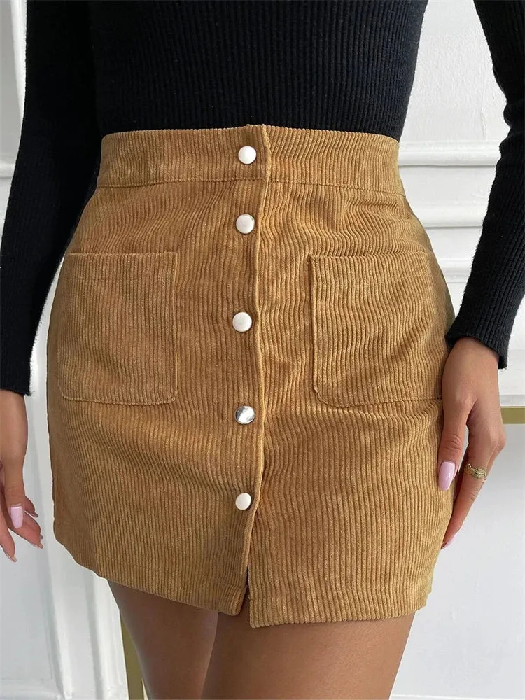 Corduroy Button Flare Skater Short Skirt