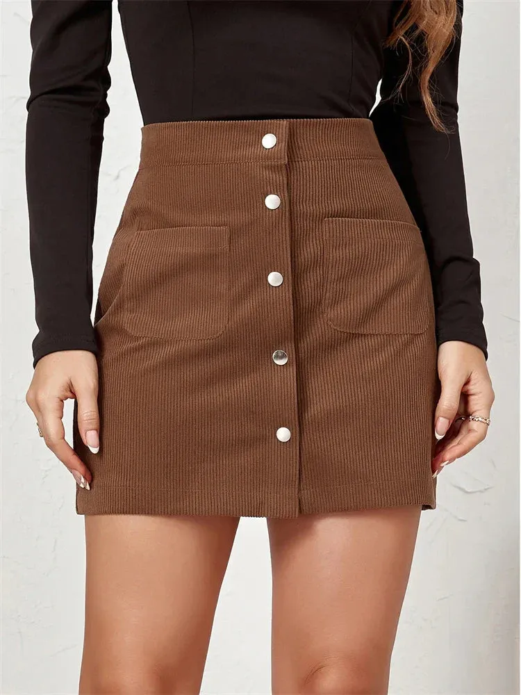 Corduroy Button Flare Skater Short Skirt