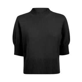 Crew Neck Cashmere Sweater Elbow Length Sleeves - Black