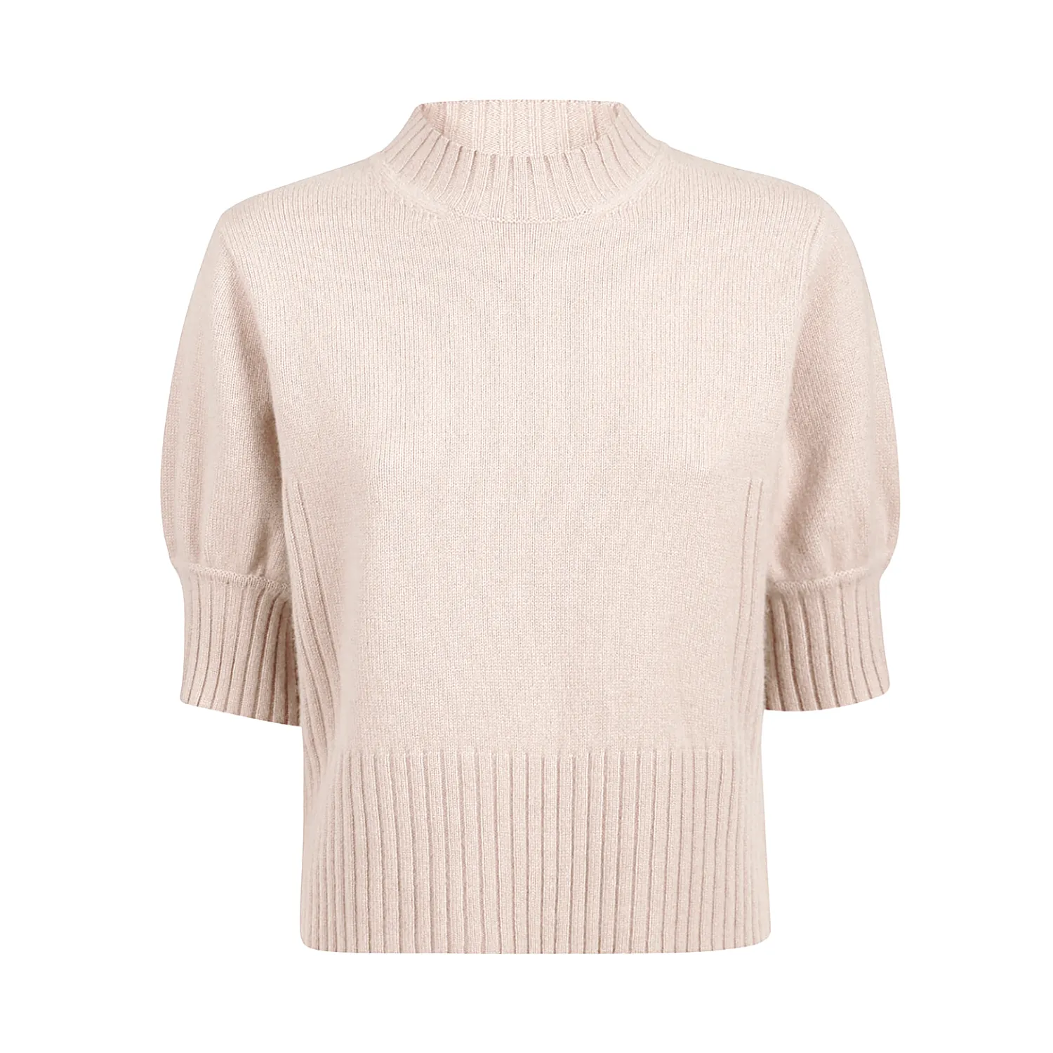 Crew Neck Cashmere Sweater Elbow Length Sleeves - Cream