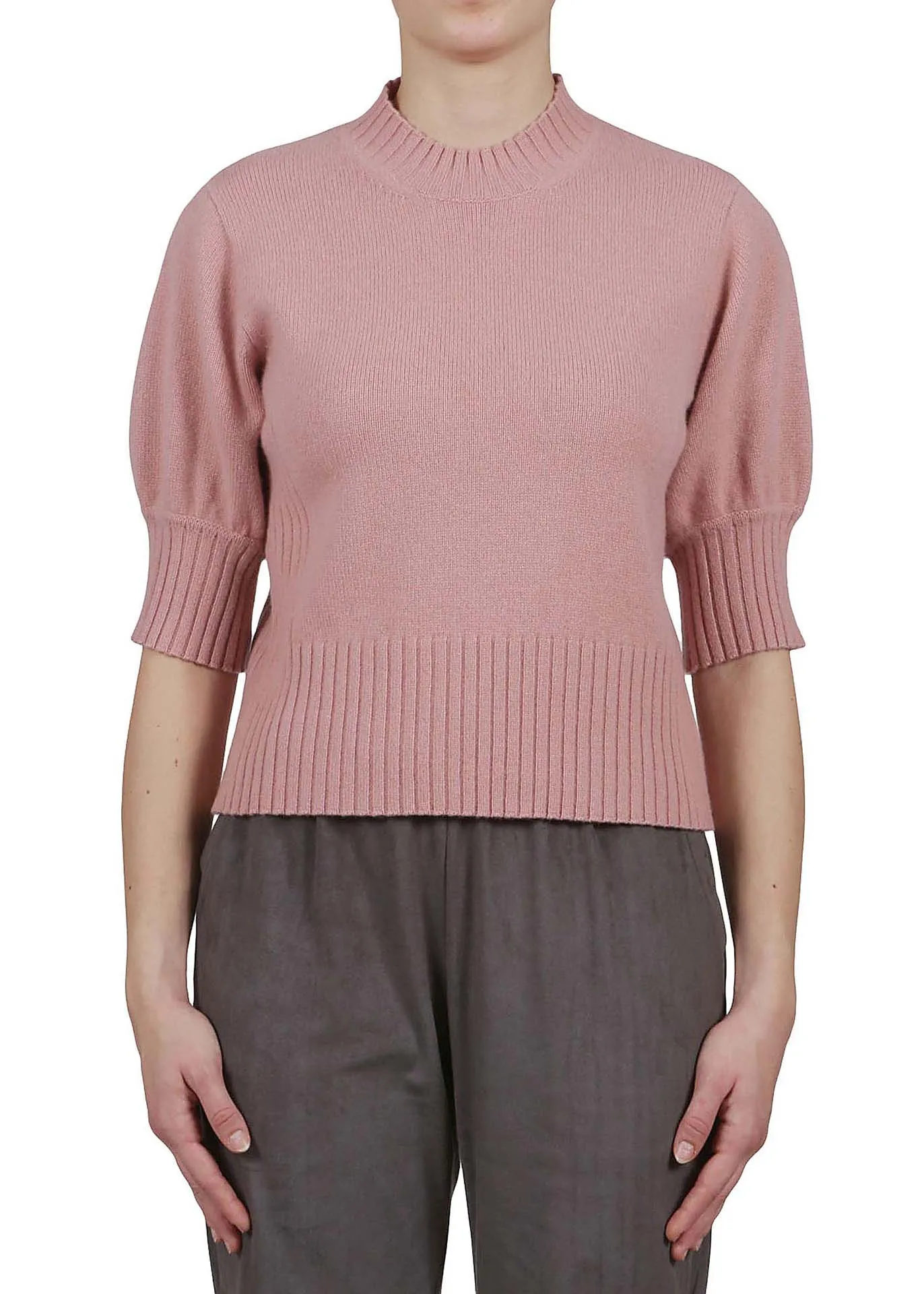 Crew Neck Cashmere Sweater Elbow Length Sleeves - Cream