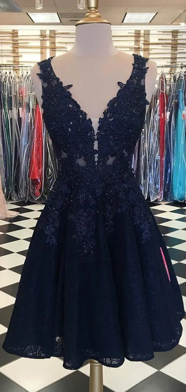 Dark Navy Lace Beading Sleeveless Illusion Homecoming Dresses,HD0039