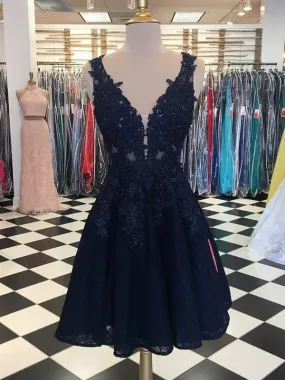 Dark Navy Lace Beading Sleeveless Illusion Homecoming Dresses,HD0039