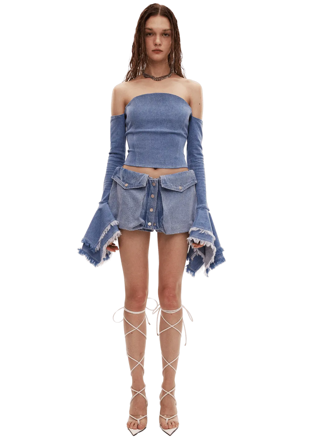 Denim Geometric Bell Sleeve Top