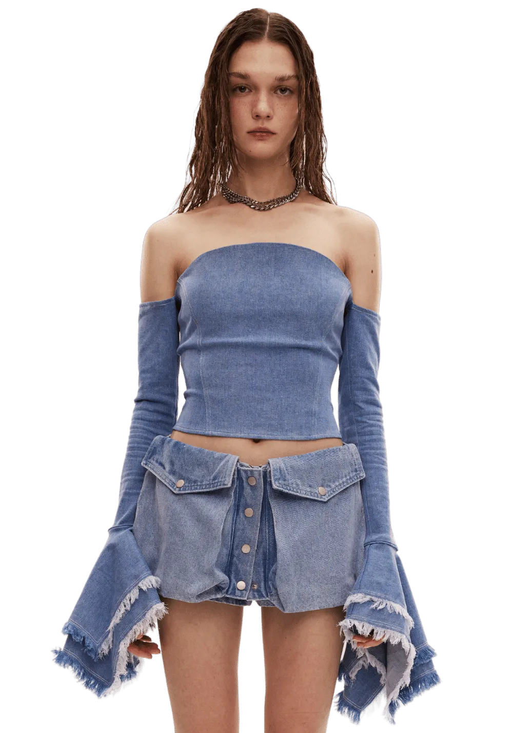 Denim Geometric Bell Sleeve Top