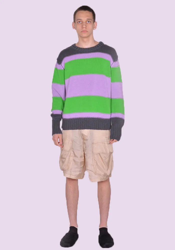 EDWARD CUMING SS23-K01A MISSED CONNECTION KNIT SWEATER GREY/PURPLE/GREEN