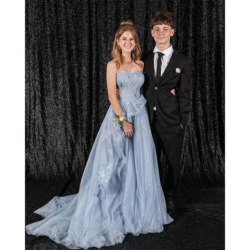 Elegant Blue Strapless A-Line Prom Dress – Puffy Tulle Gown with Ruffles and Appliques for Graduation and Special Occasions