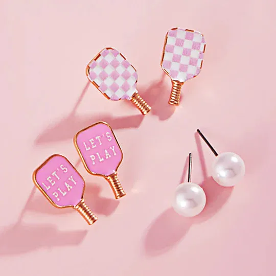 Enamel Pickle Ball Pearl Stud Earring Set