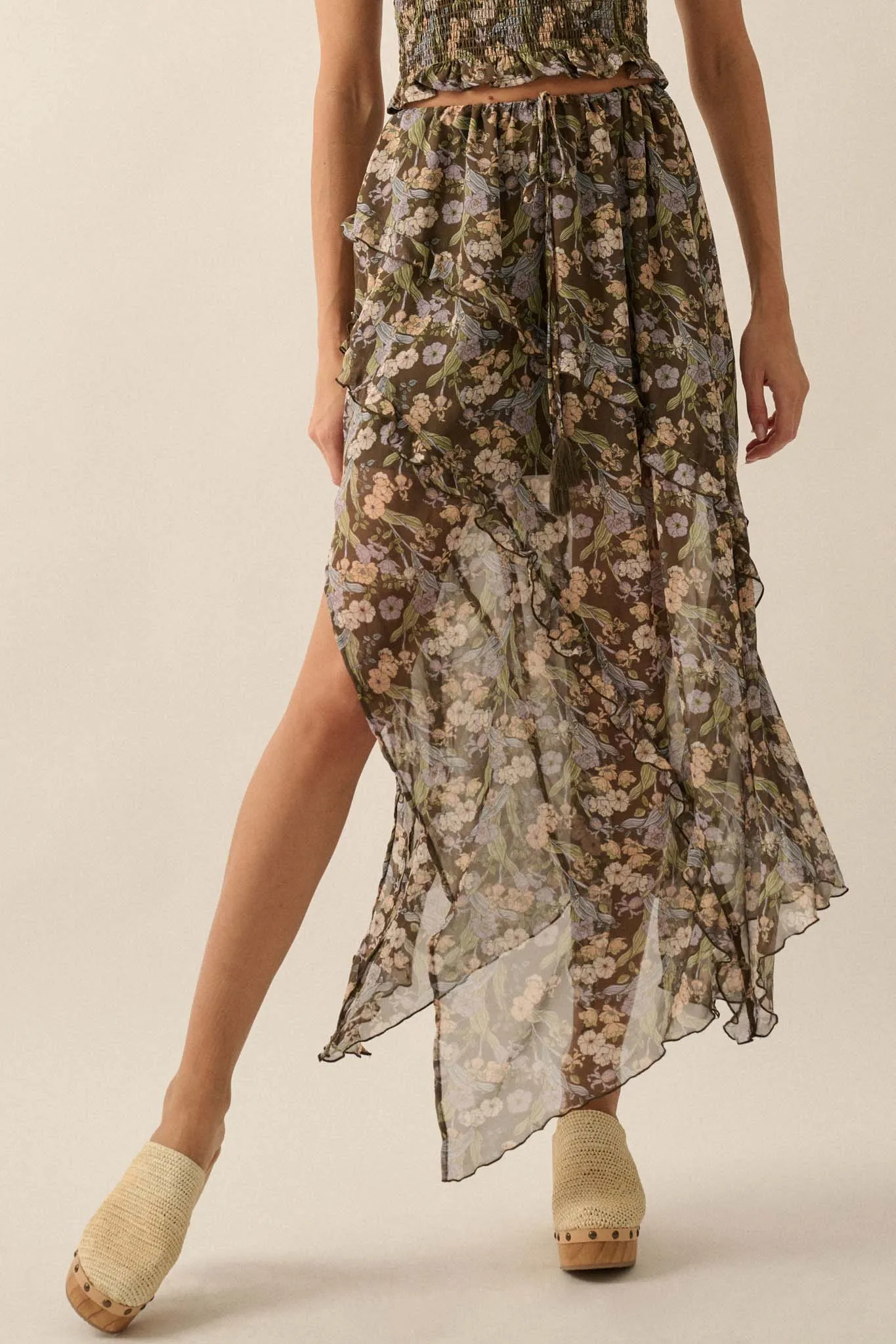 Enduring Beauty Asymmetrical Floral Ruffle Skirt