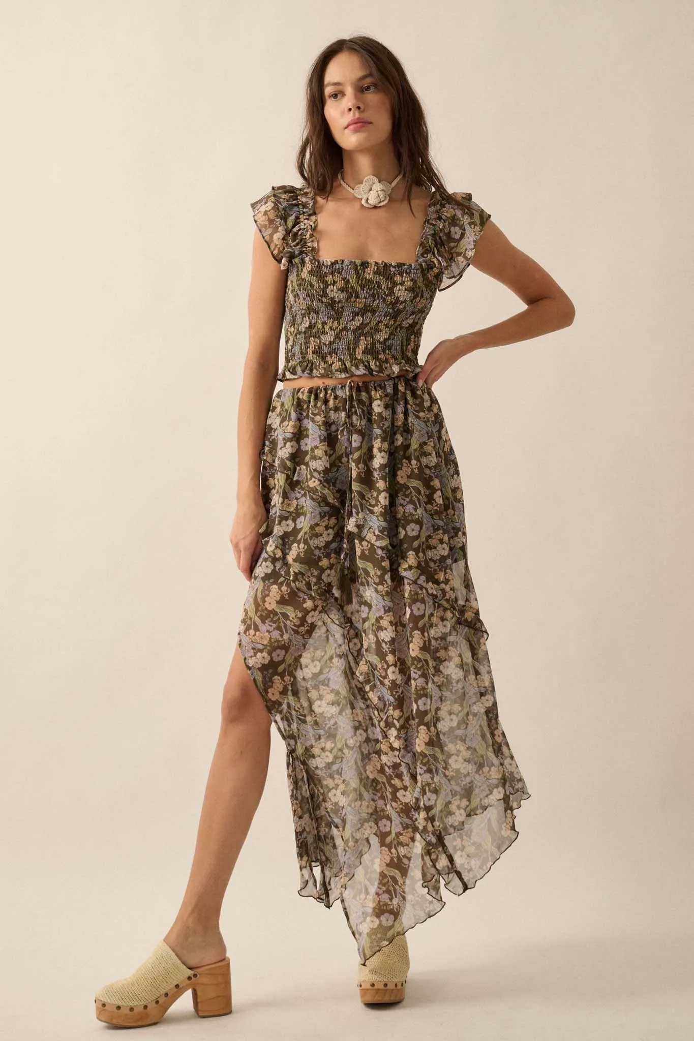 Enduring Beauty Asymmetrical Floral Ruffle Skirt