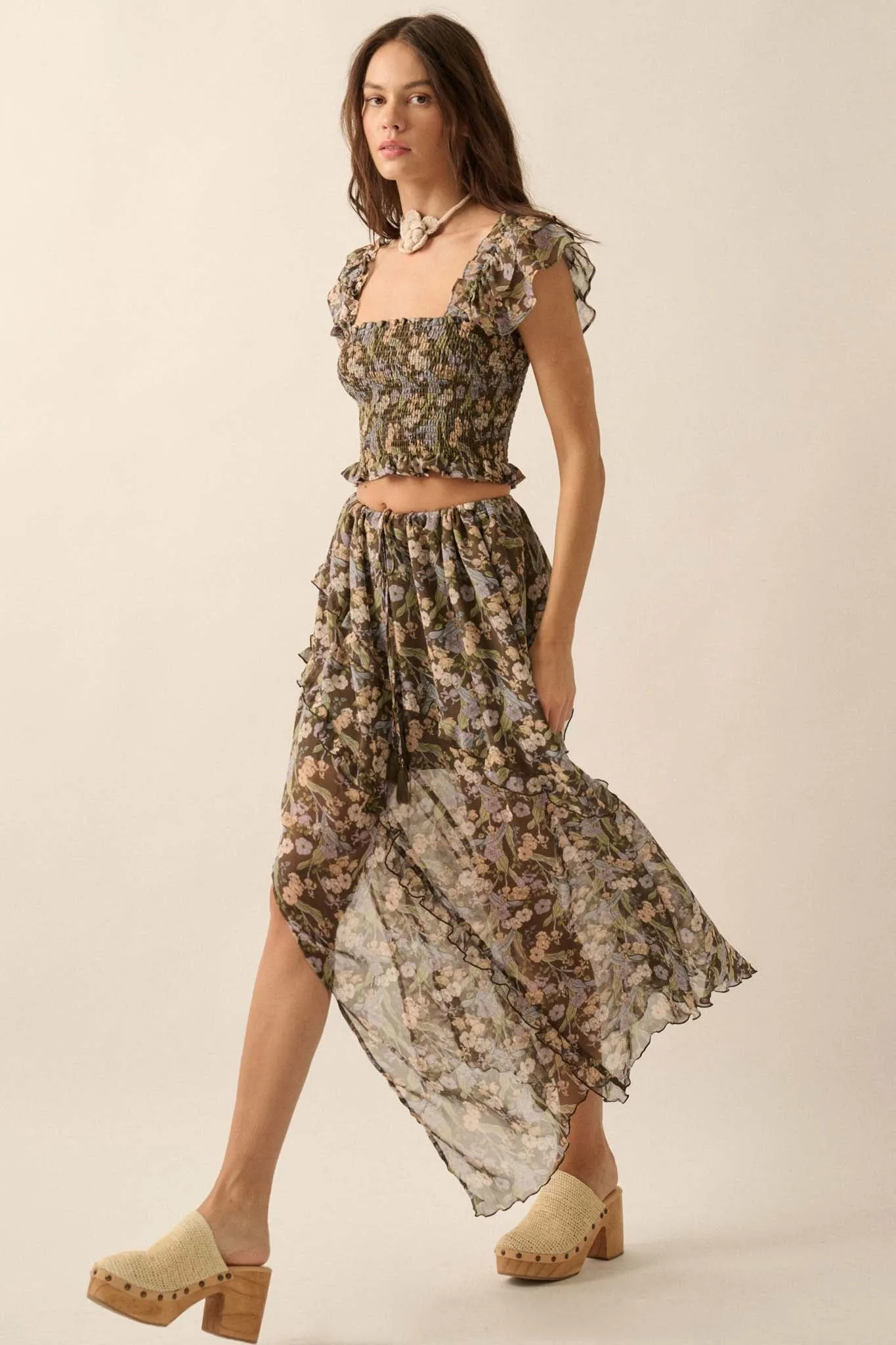 Enduring Beauty Asymmetrical Floral Ruffle Skirt