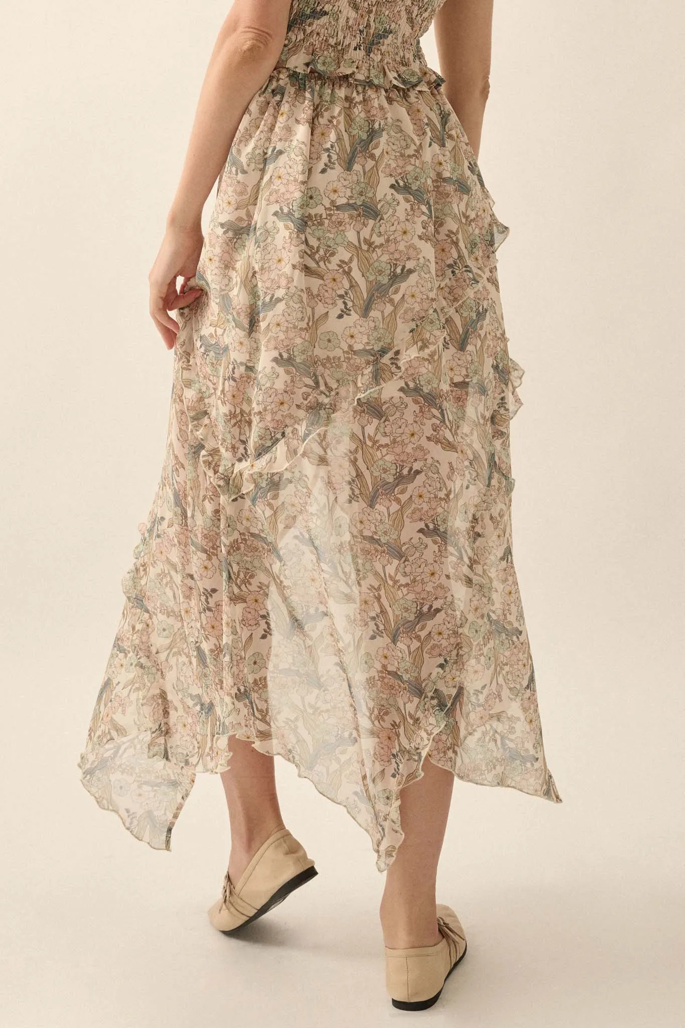 Enduring Beauty Asymmetrical Floral Ruffle Skirt