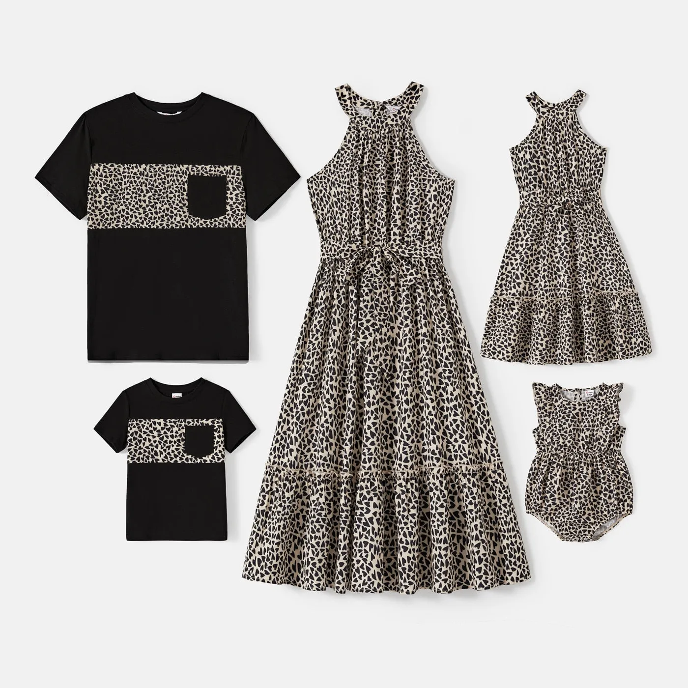 Family Matching Outfits - Cotton Spliced T-shirts and Leopard Print Dresses