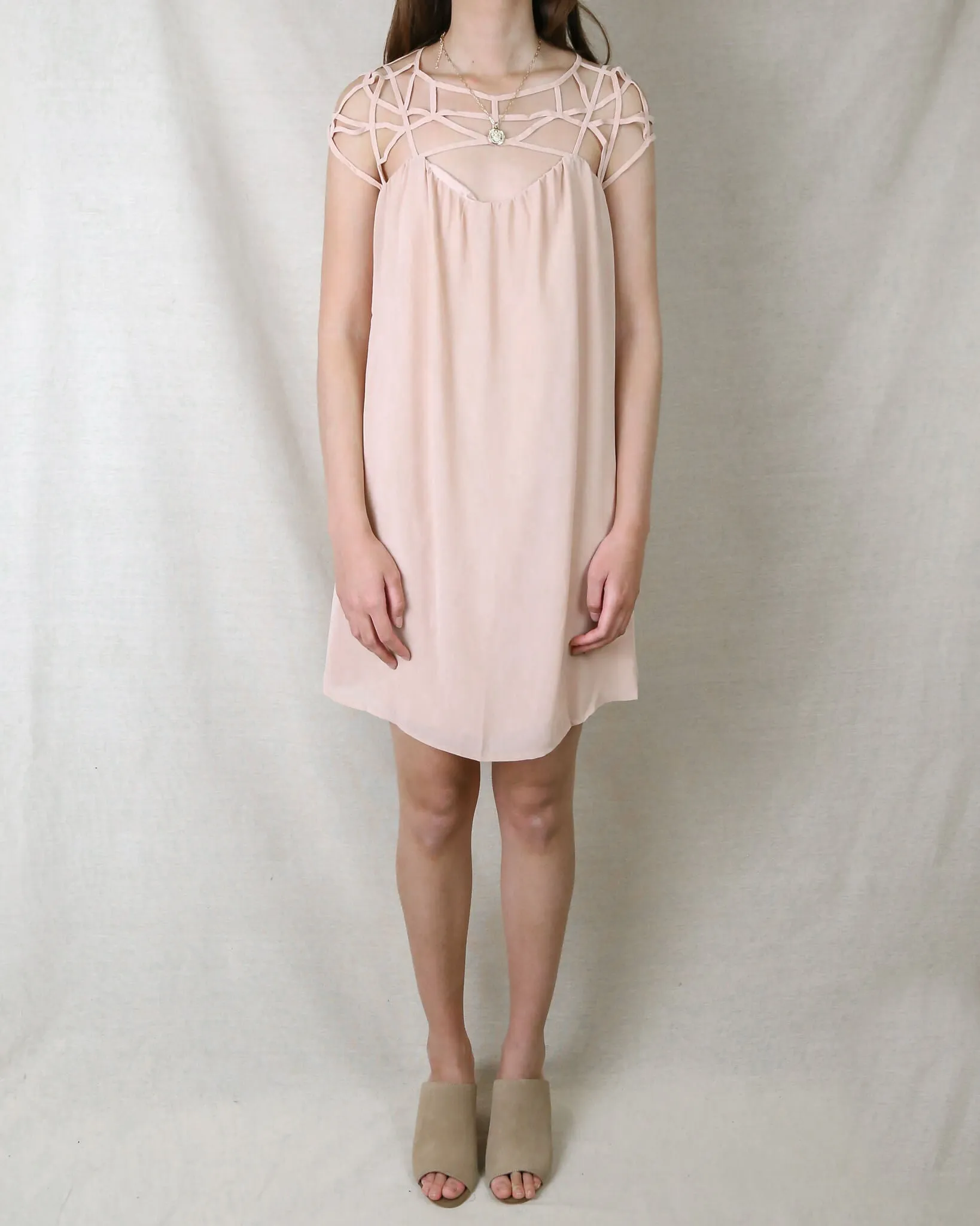 Final Sale - Caged Up Flowy Chiffon Dress in Almond