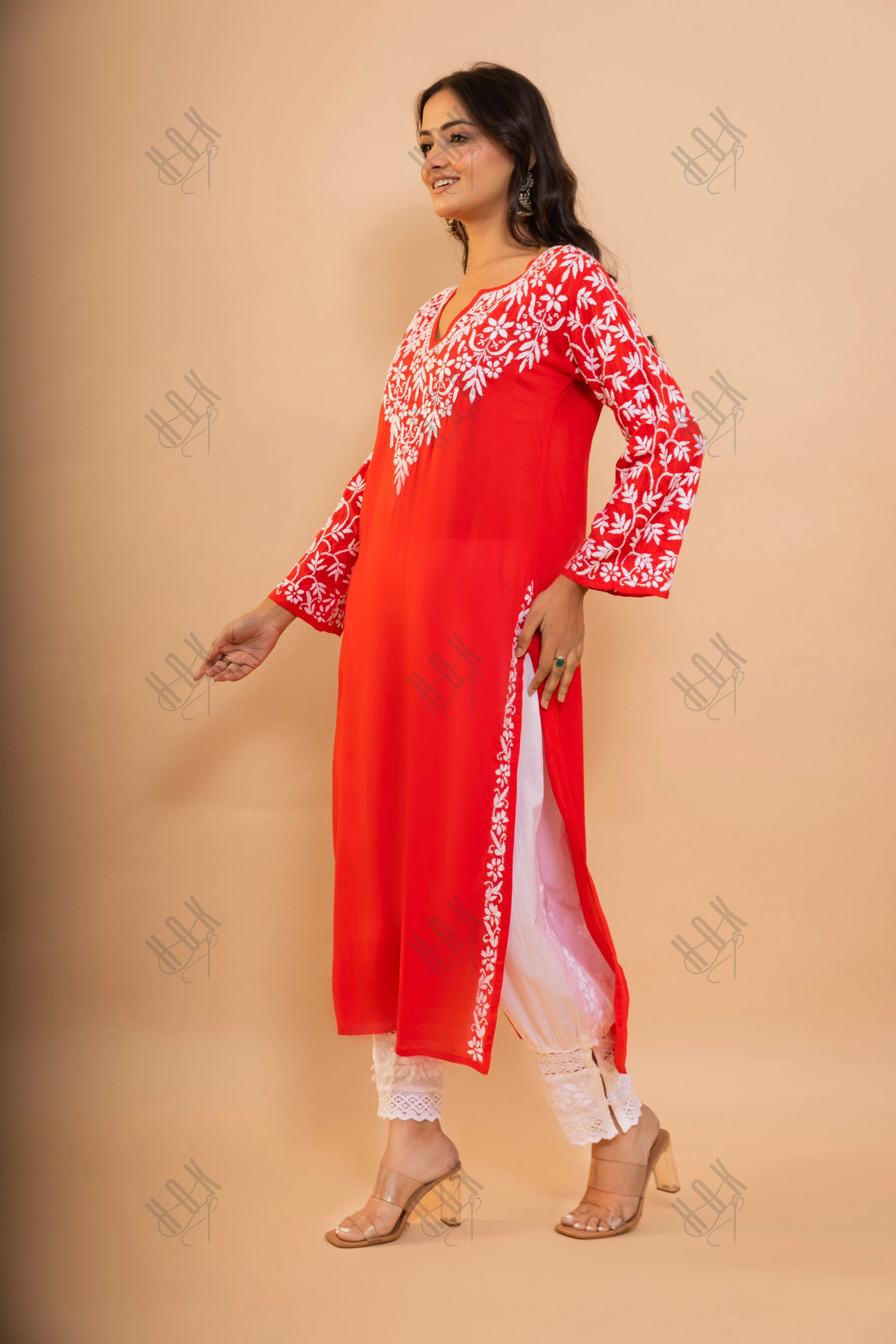 Fizaa Chikankari Radiant Red Modal Cotton Kurta