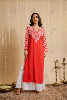 Fizaa Chikankari Radiant Red Modal Cotton Kurta