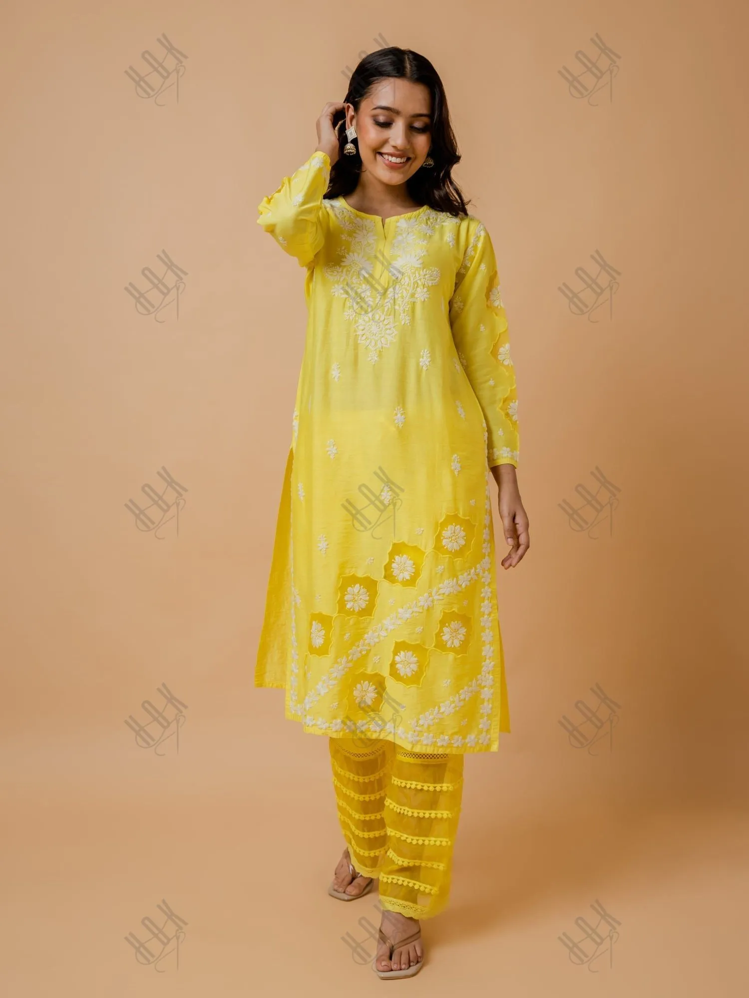 Fizaa Yellow Chikankari Chanderi Silk Kurta Set