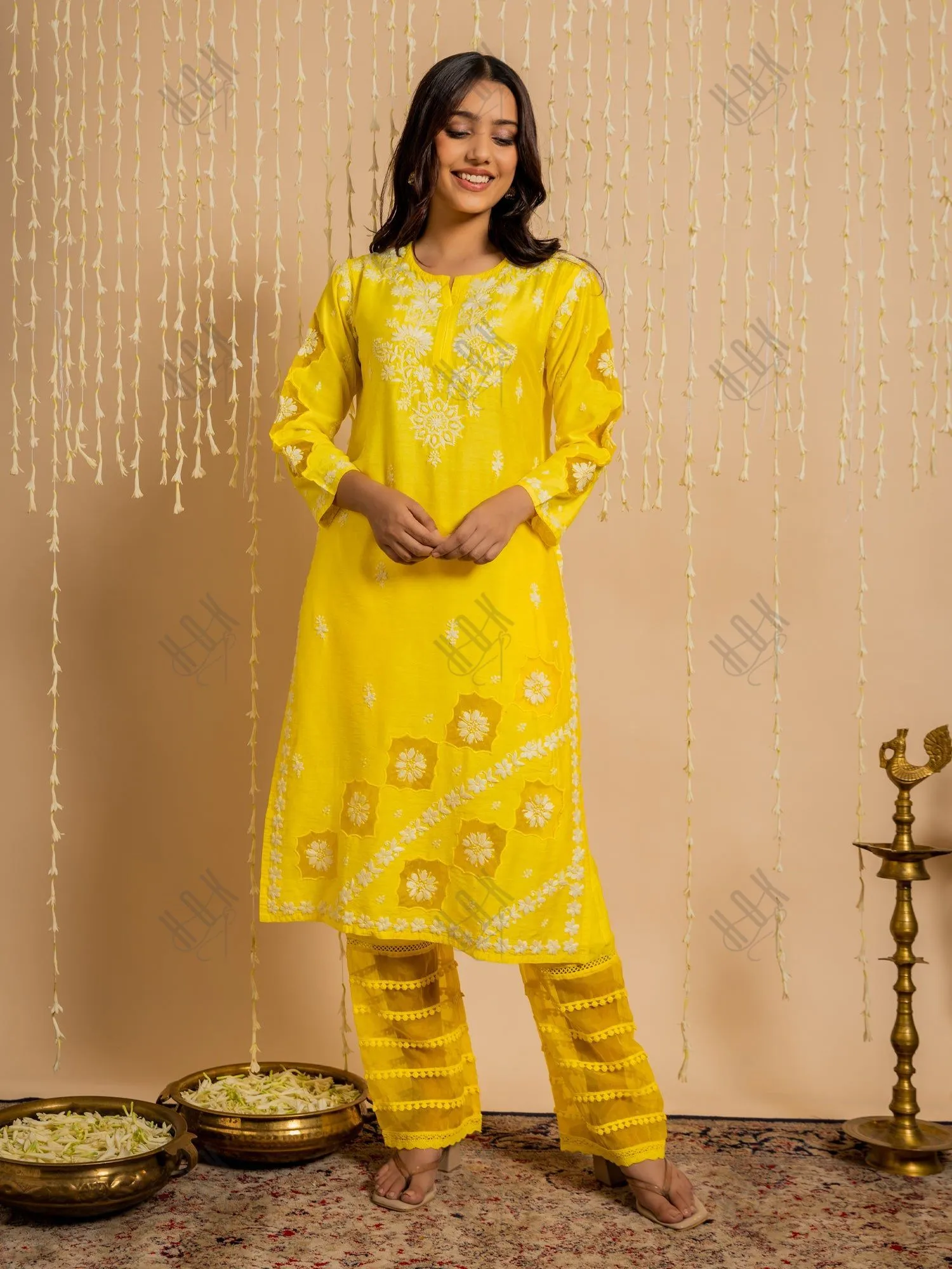 Fizaa Yellow Chikankari Chanderi Silk Kurta Set