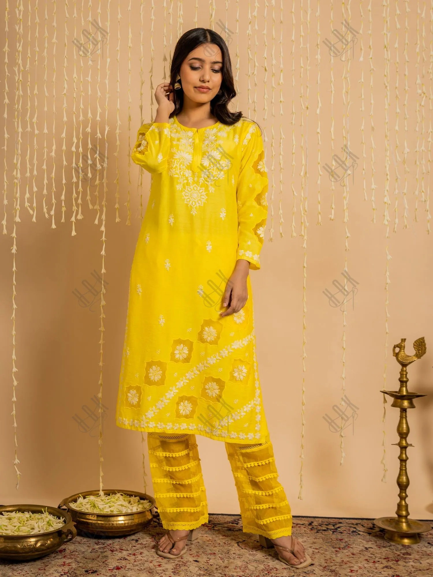 Fizaa Yellow Chikankari Chanderi Silk Kurta Set