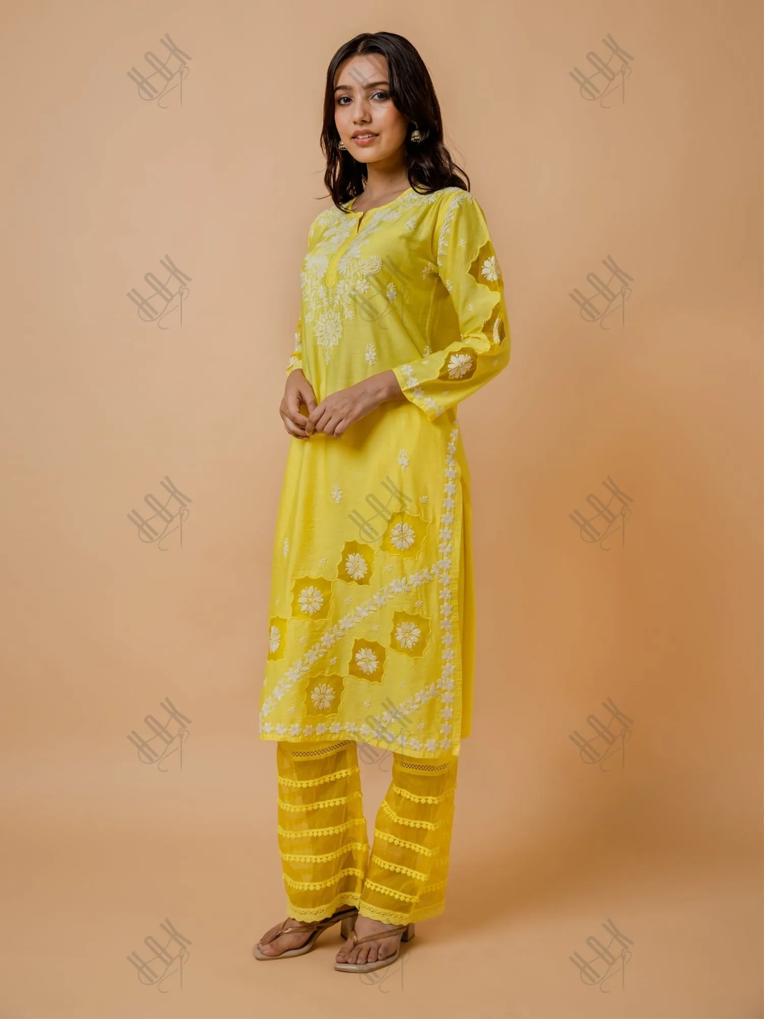 Fizaa Yellow Chikankari Chanderi Silk Kurta Set