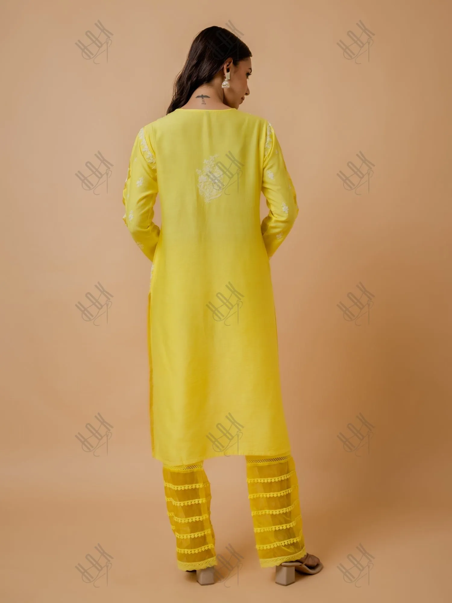 Fizaa Yellow Chikankari Chanderi Silk Kurta Set