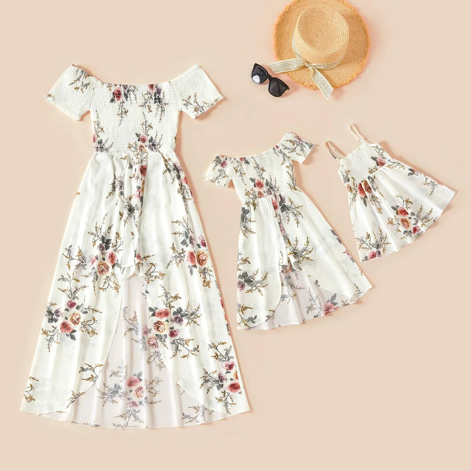 Floral Print White Matching Family Outfit Dresses