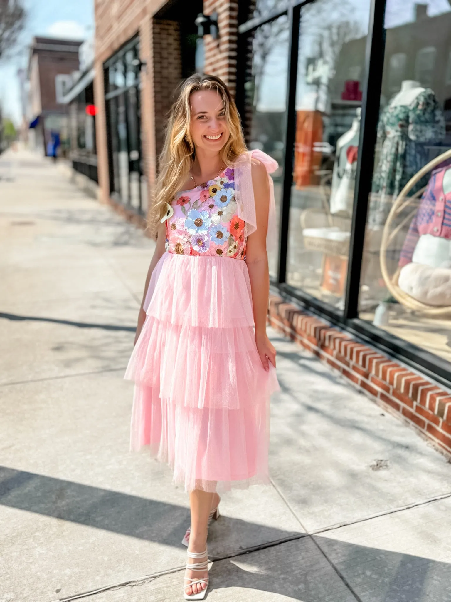 Floral Tulle Ruffle Pink One Shoulder Midi Dress