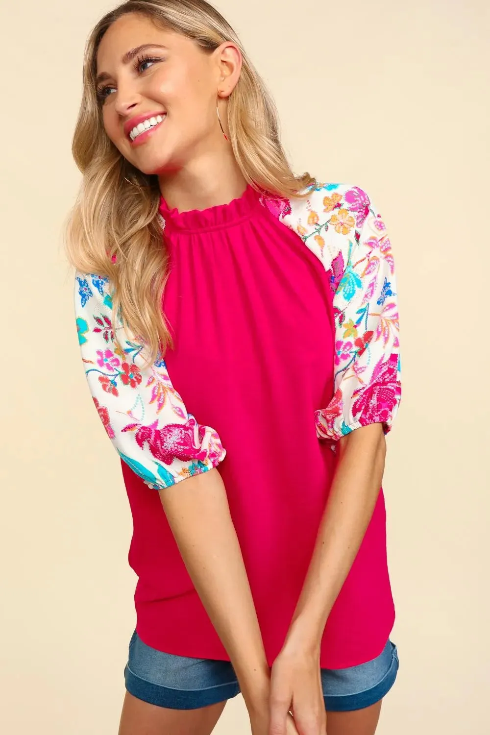 Frill Mock Neck Half Sleeve Blouse