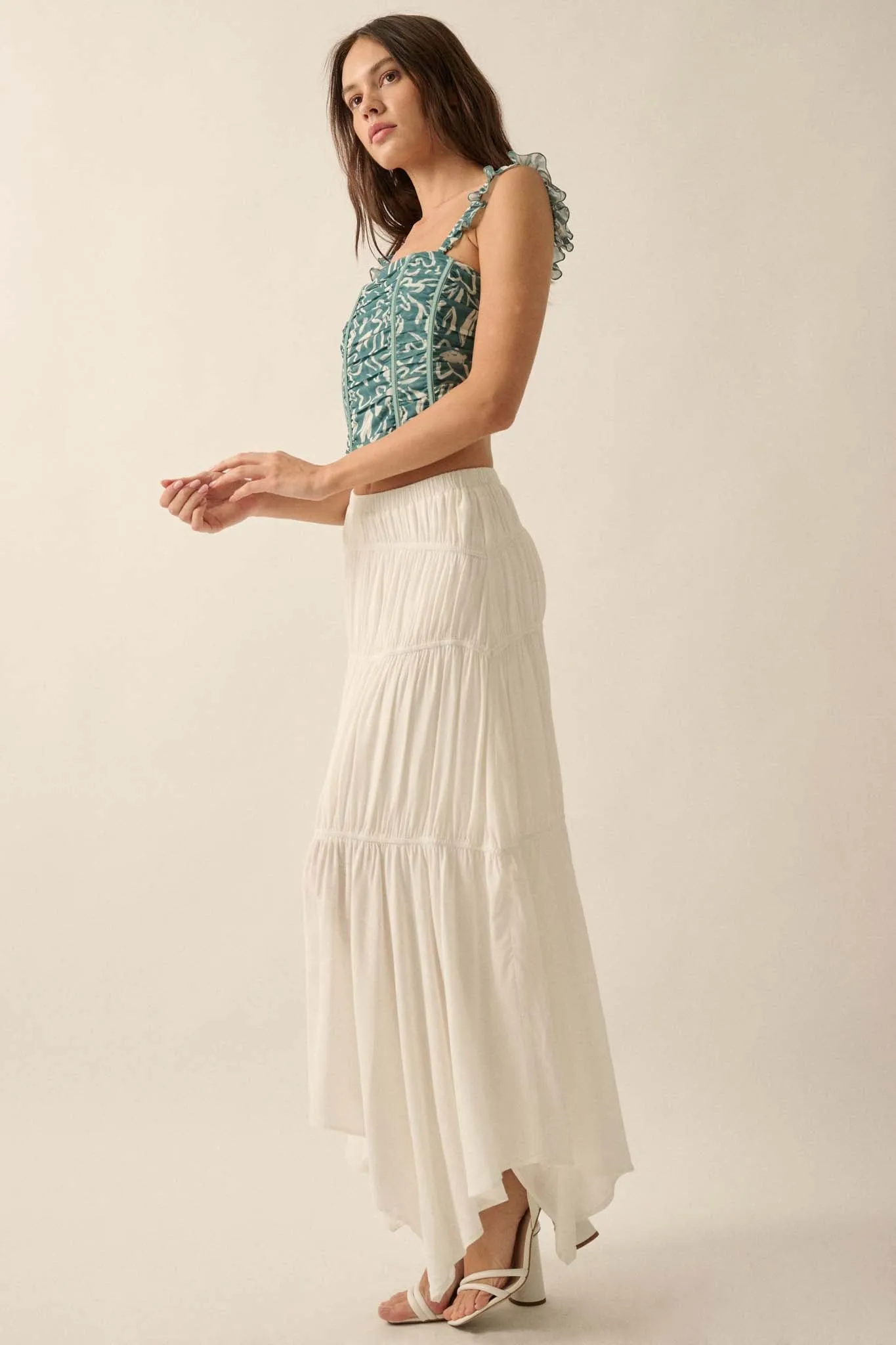 Gentle Winds Tiered Ruffle Handkerchief Maxi Skirt