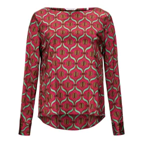 Geometic Print Boat Neck Blouse - Pink and Green