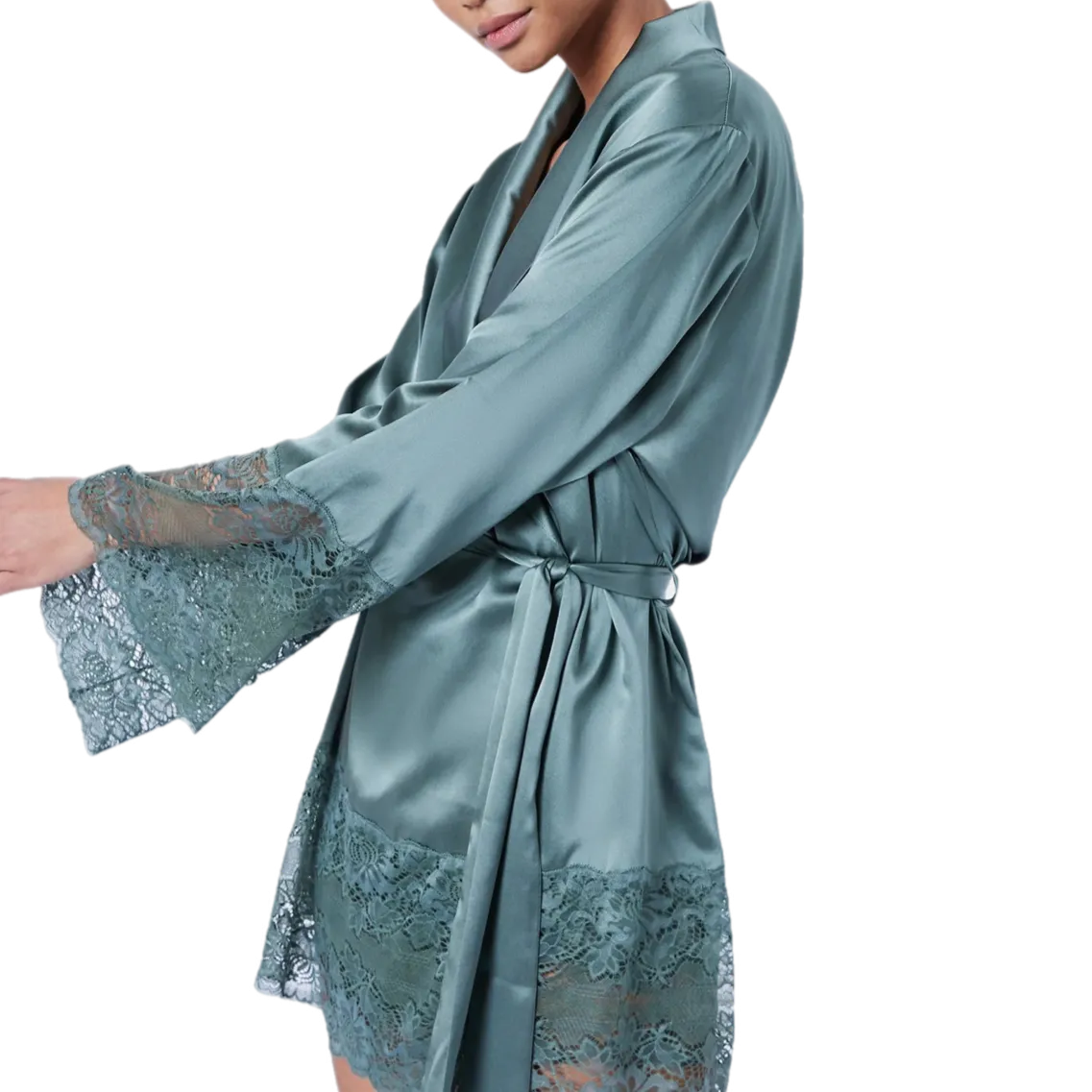 Ginia Silk Lace Robe Moss