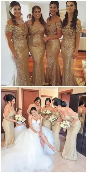 gold bridesmaid dresses long mermaid off the shoulder sparkly bling elegant wedding party dress