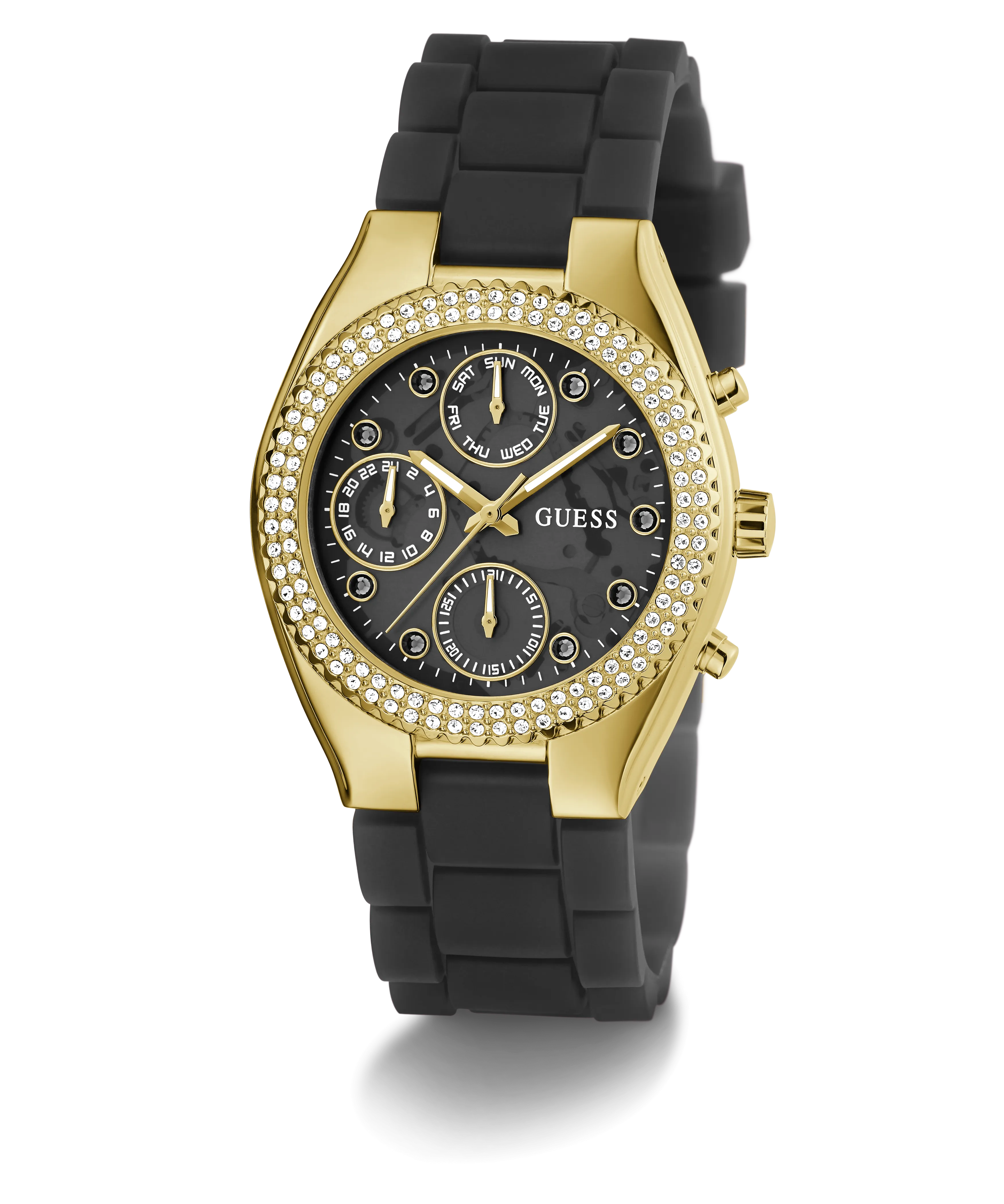 GUESS Ladies Black Gold Tone Multi-function Watch