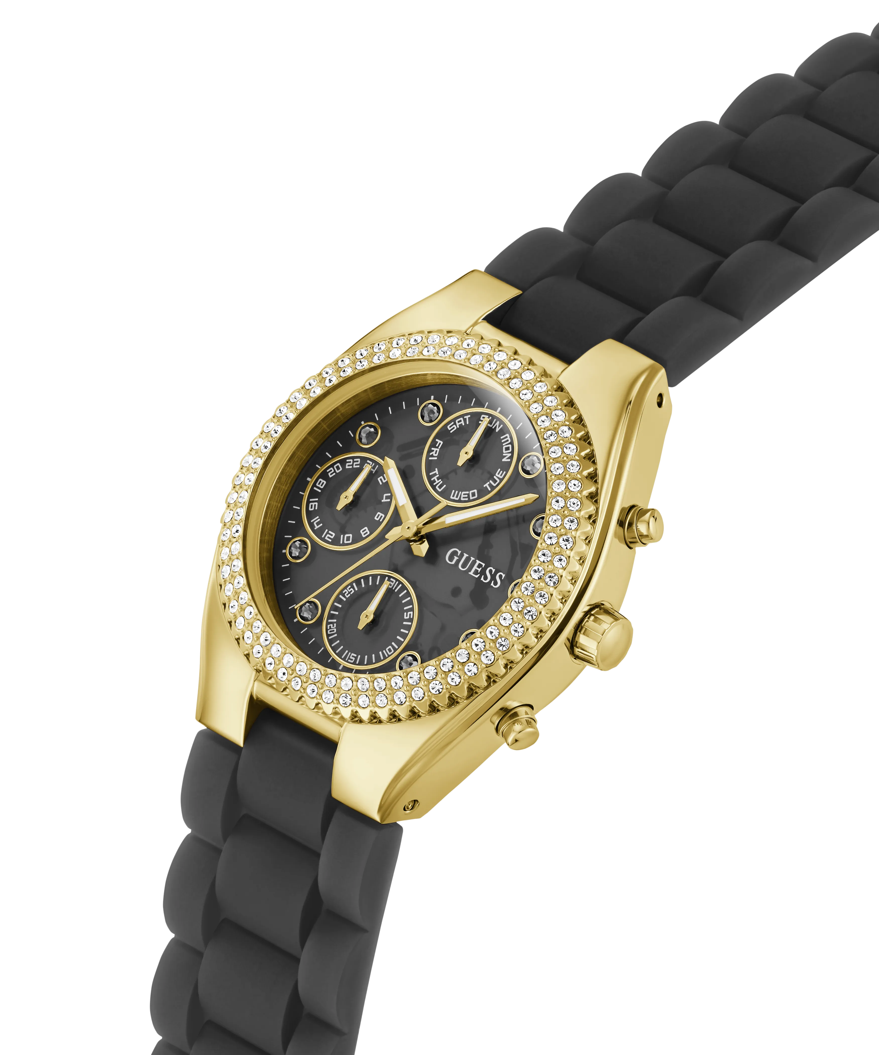 GUESS Ladies Black Gold Tone Multi-function Watch