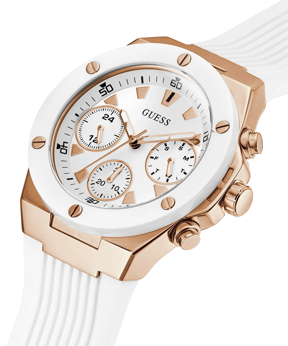 GUESS Ladies White Rose Gold Tone Multi-function Watch