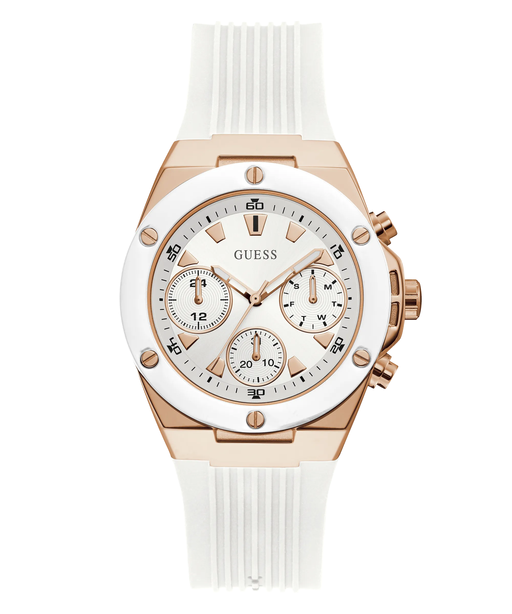 GUESS Ladies White Rose Gold Tone Multi-function Watch