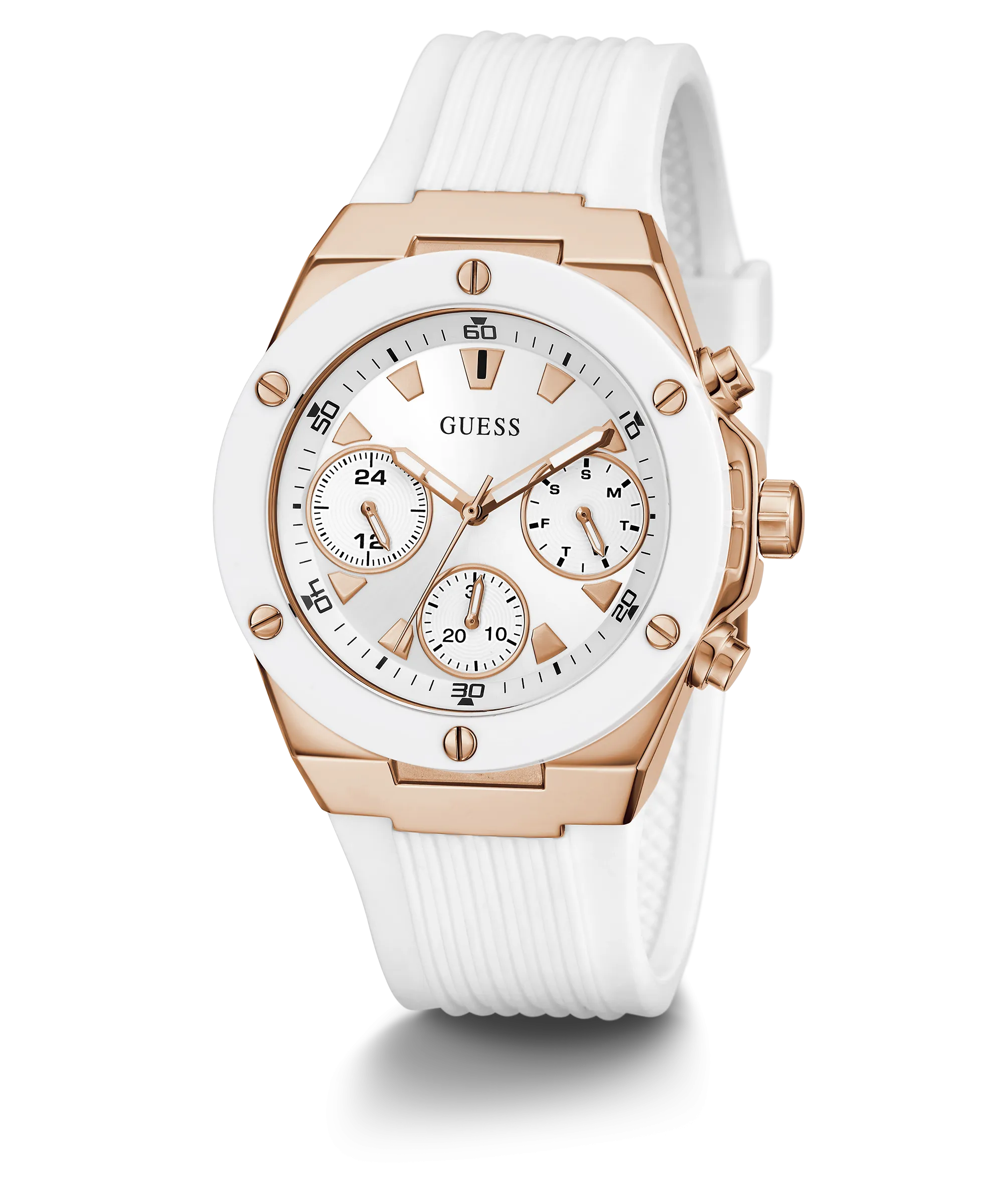 GUESS Ladies White Rose Gold Tone Multi-function Watch