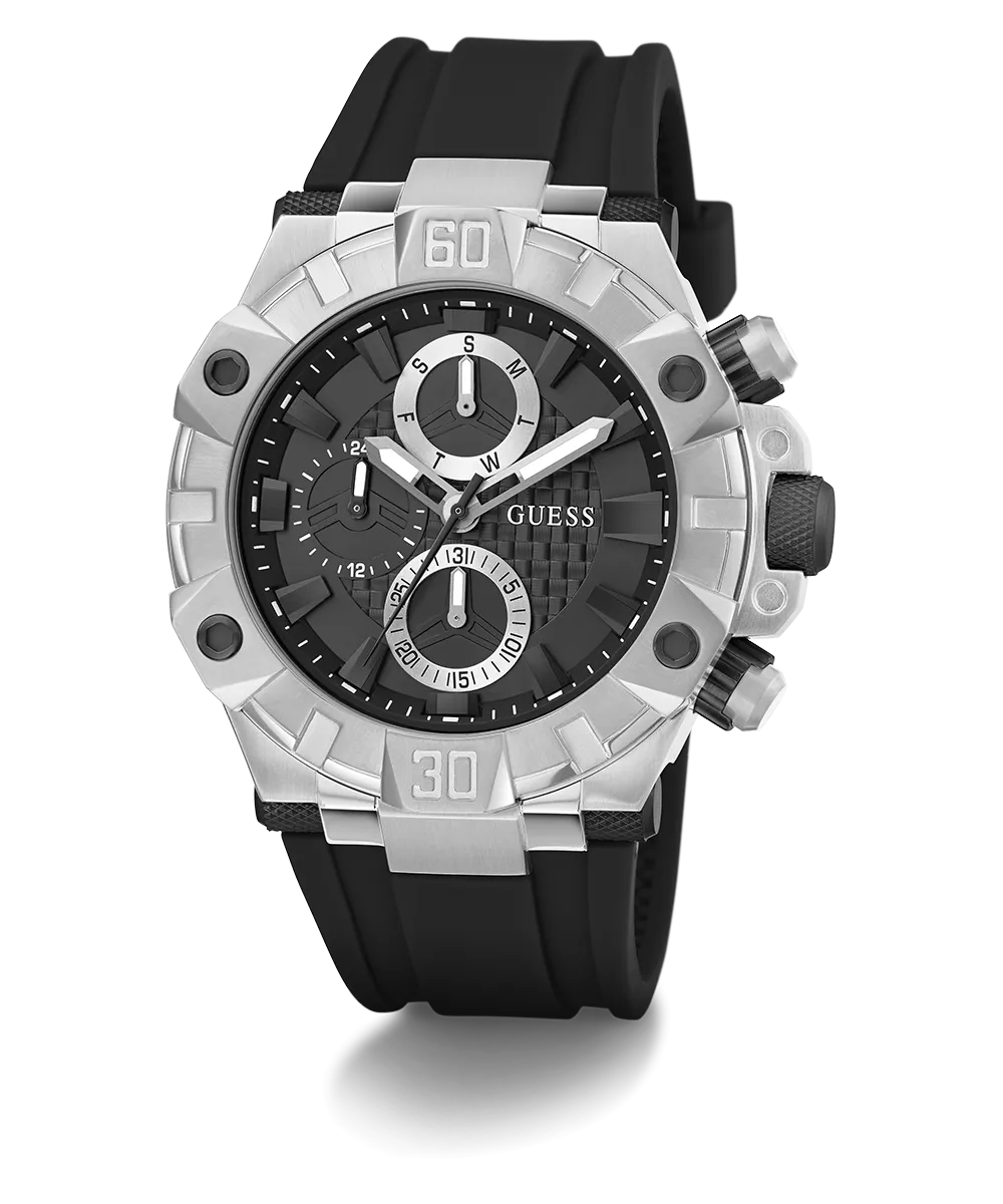 GUESS Mens Black Silver Tone Multi-function Watch