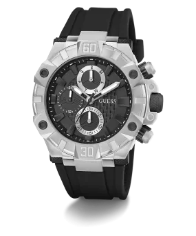 GUESS Mens Black Silver Tone Multi-function Watch