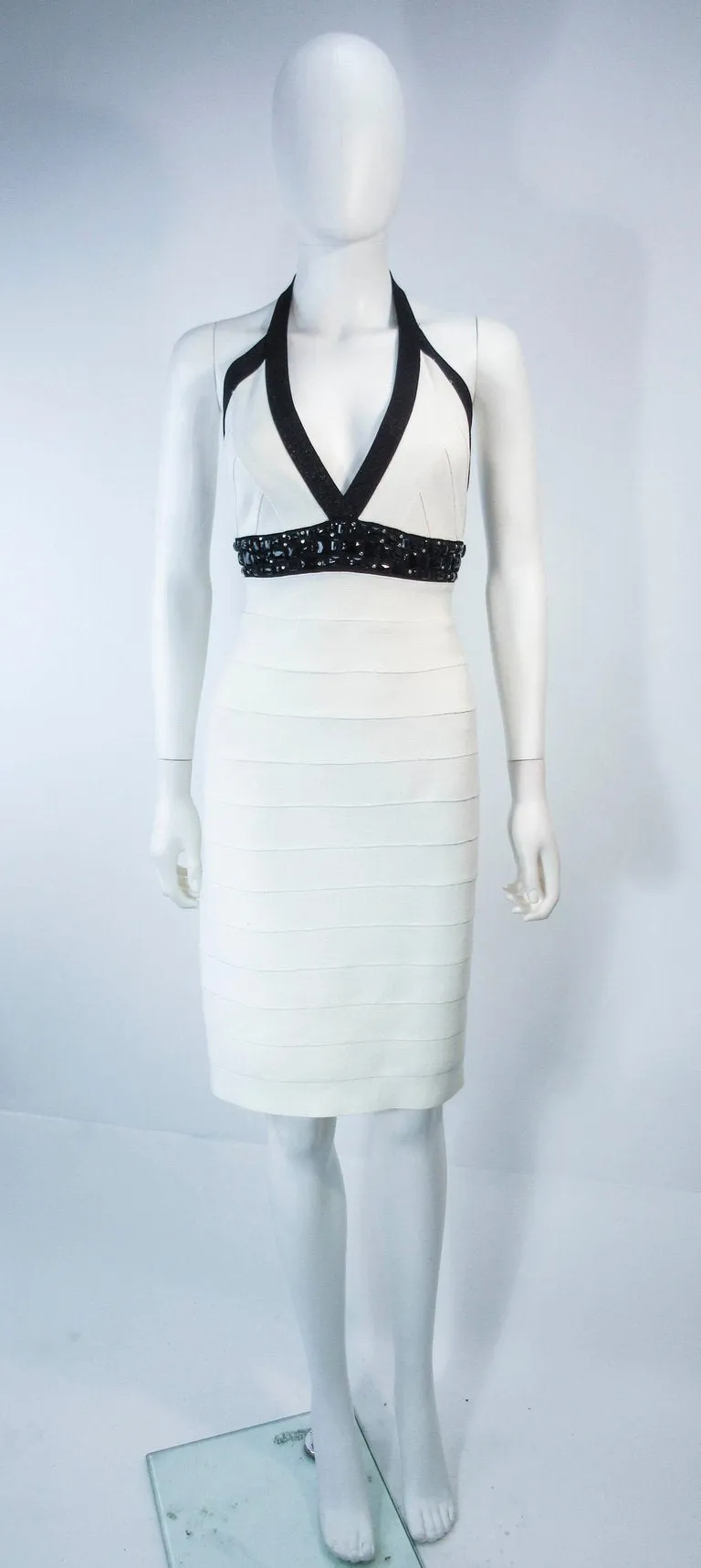 HERVE LEGER Black and White Beaded Bandage Dress