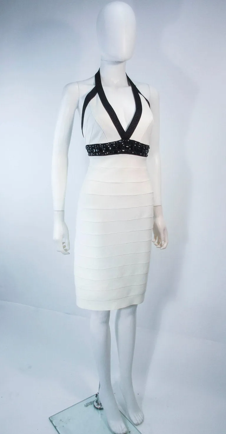 HERVE LEGER Black and White Beaded Bandage Dress