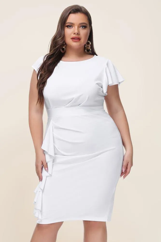 HN Women Plus Size Ruffles Decorated Dress Crew Neck Defined Waist Bodycon Dress