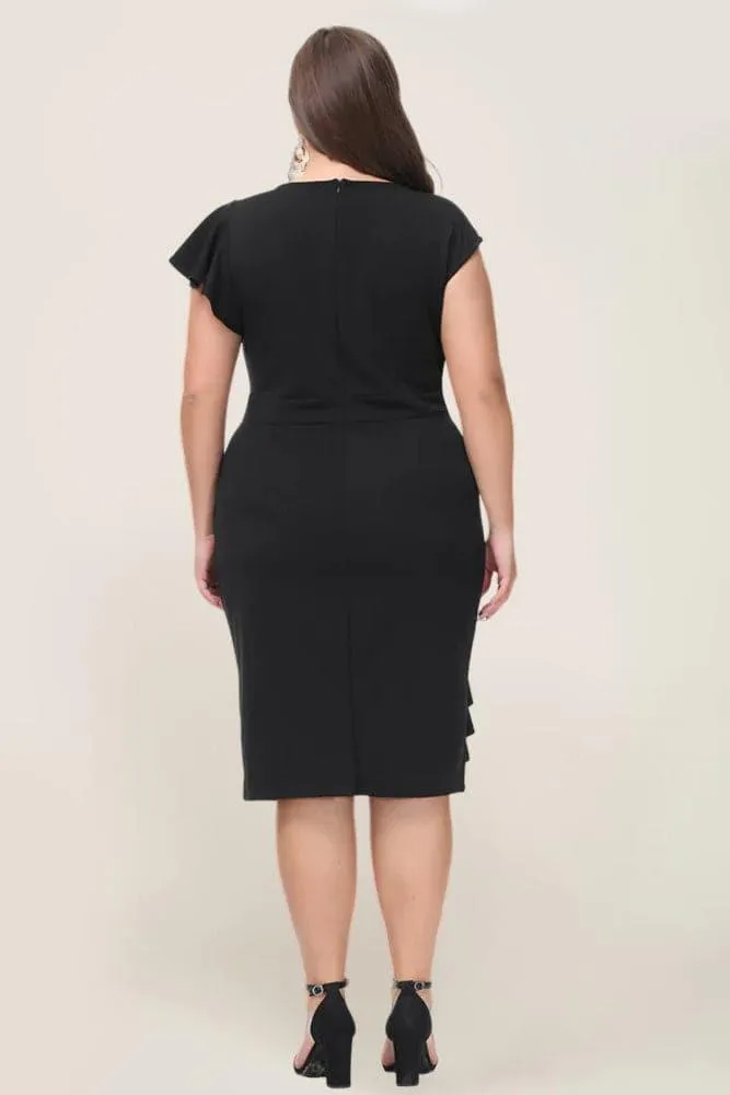 HN Women Plus Size Ruffles Decorated Dress Crew Neck Defined Waist Bodycon Dress