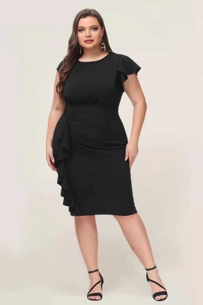 HN Women Plus Size Ruffles Decorated Dress Crew Neck Defined Waist Bodycon Dress