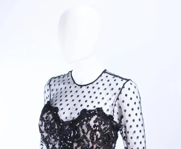 I. MAGNIN Black Silk Polka Dot Mesh Sequin Lace Cocktail Dress 6