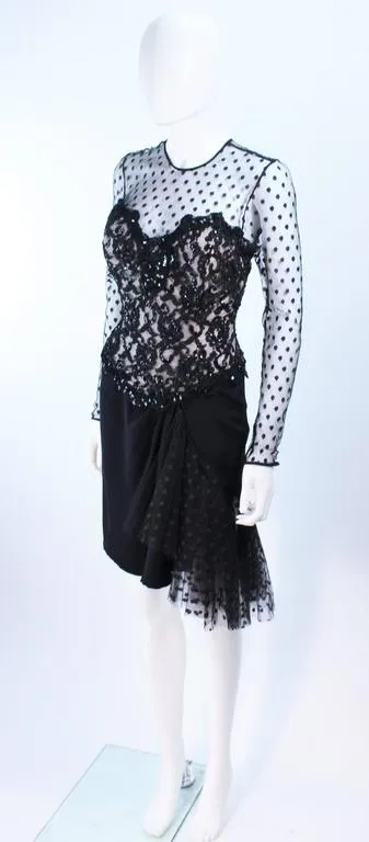 I. MAGNIN Black Silk Polka Dot Mesh Sequin Lace Cocktail Dress 6