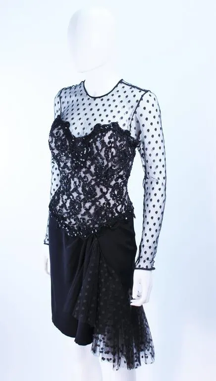 I. MAGNIN Black Silk Polka Dot Mesh Sequin Lace Cocktail Dress 6